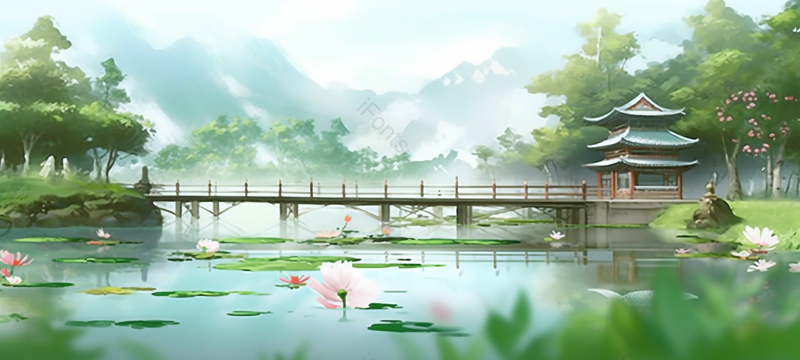 湖面鲜花植物国风,插画/手绘图,插画/手绘图库,插画/手绘图下载,插画/手绘